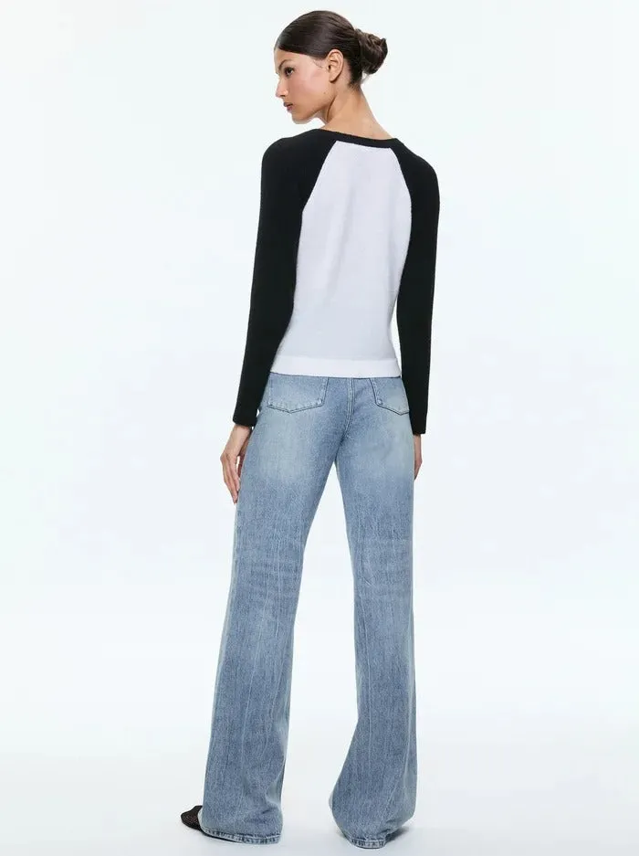 Alice   Olivia Amari Shrunken Raglan Sweater in Ecru/Black