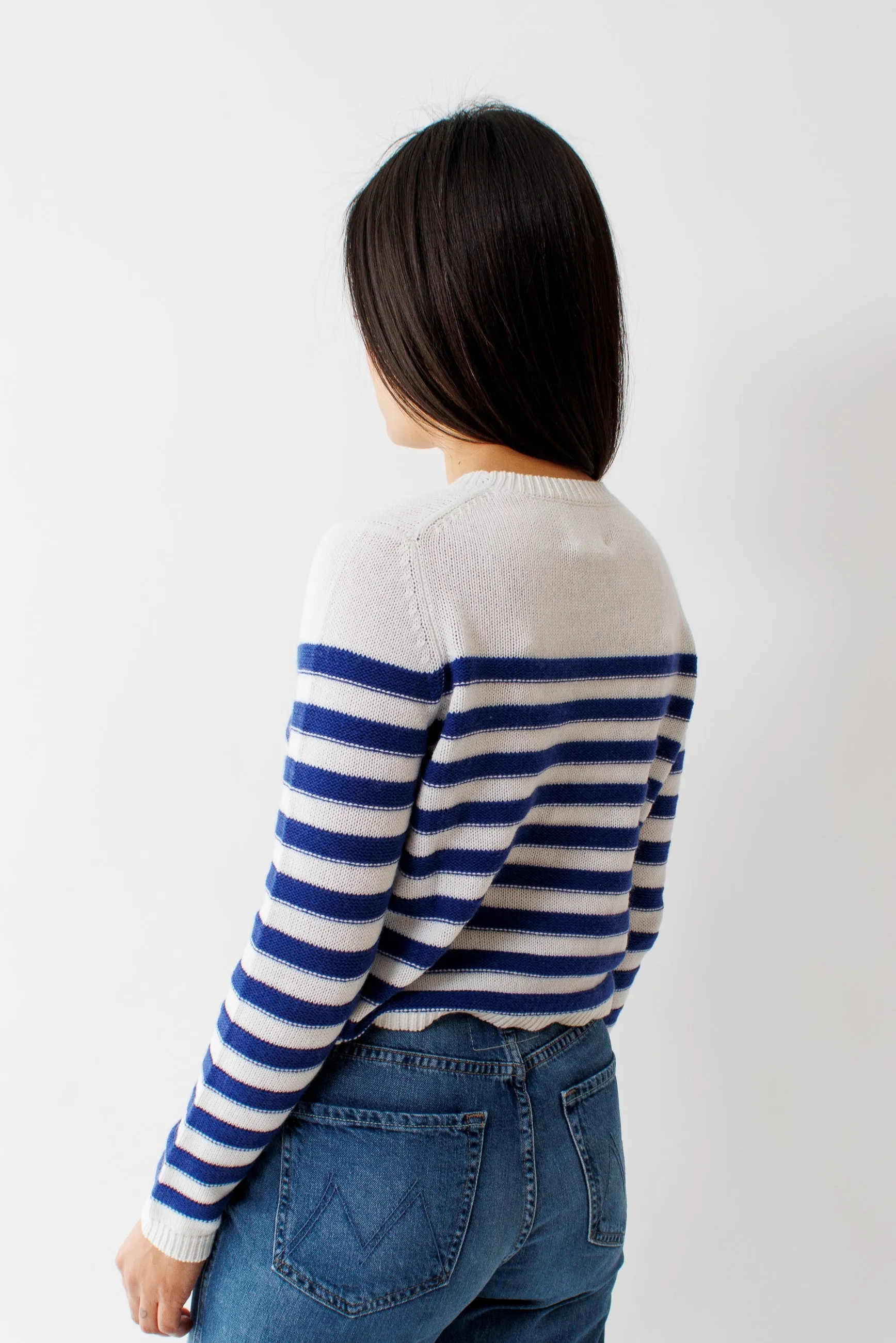 Allude Cotton Cashmere Striped RD Crew Sweater