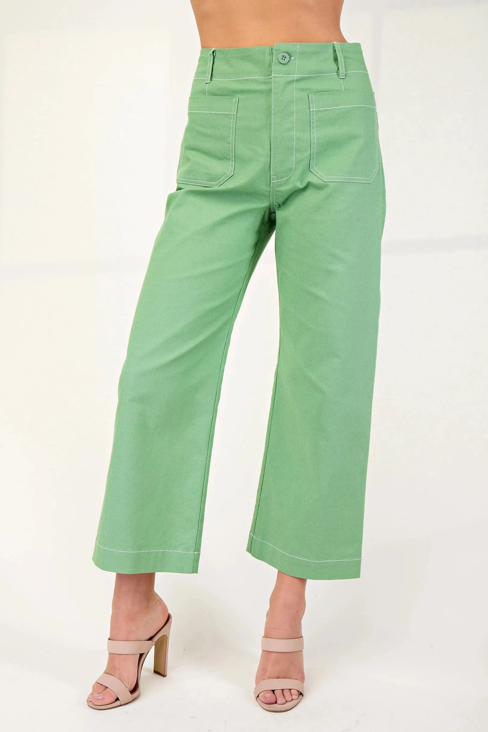 Apple Green Cropped Wide Leg Pants with Contrast Stitching