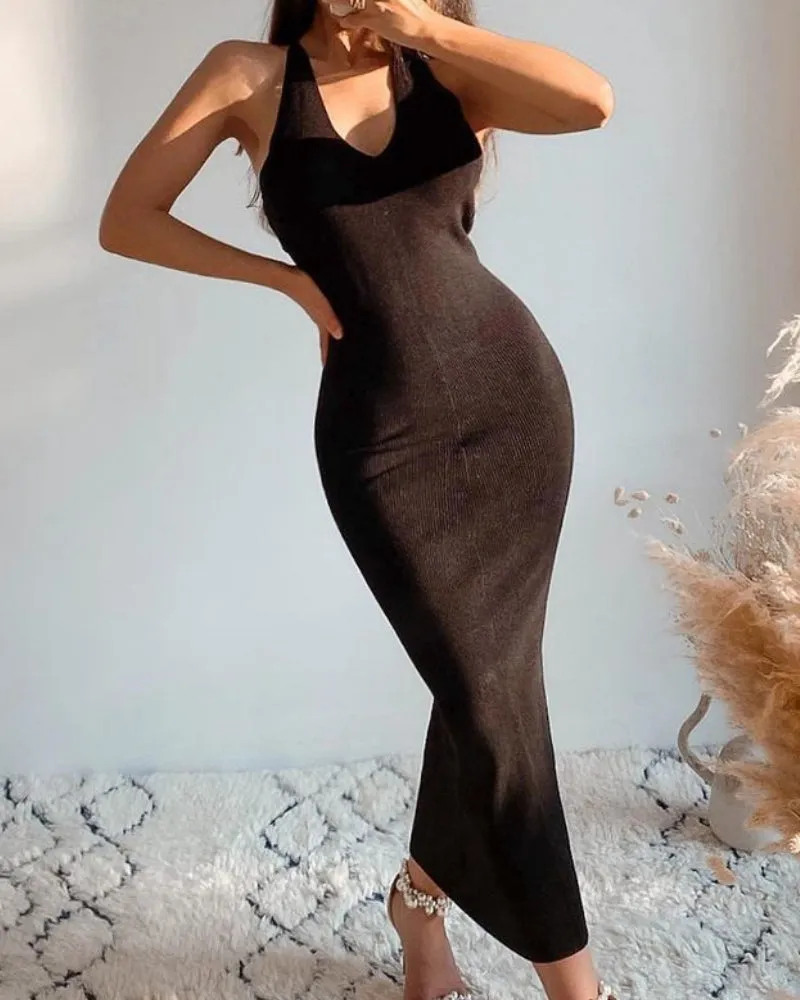 Backless Halter Knit Party Maxi Midi Dresses