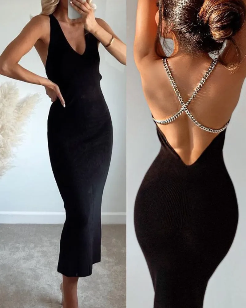Backless Halter Knit Party Maxi Midi Dresses