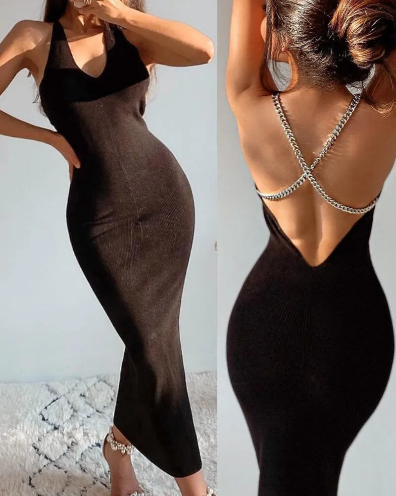 Backless Halter Knit Party Maxi Midi Dresses