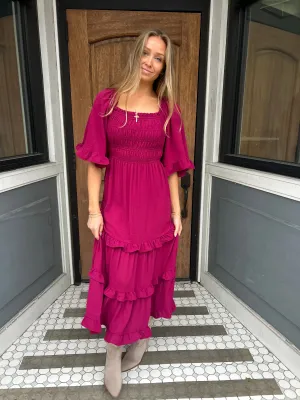 BELL SLEEVE SQUARE NECK SMOCKED TIERED