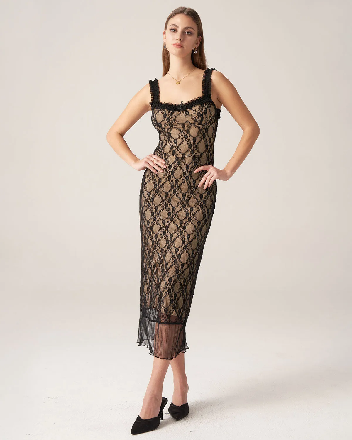 Bettydress-Black Lace Bodycon Midi Dress