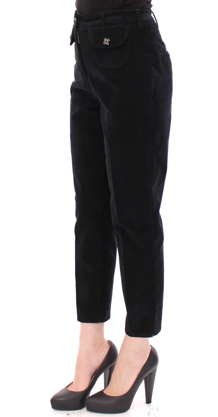 Black Cotton Cropped Corduroys Jeans Pants