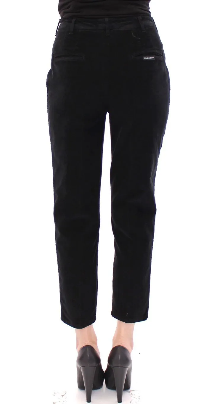 Black Cotton Cropped Corduroys Jeans Pants