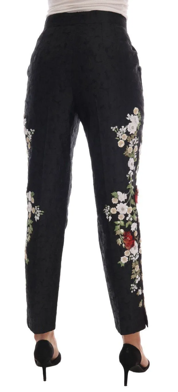 Black Floral Brocade Sequin Beaded Pants