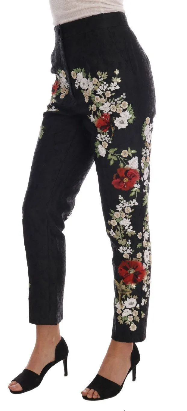 Black Floral Brocade Sequin Beaded Pants