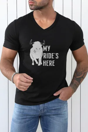 Black My Ride's Here Graphic Print V Neck Men's T Shirt