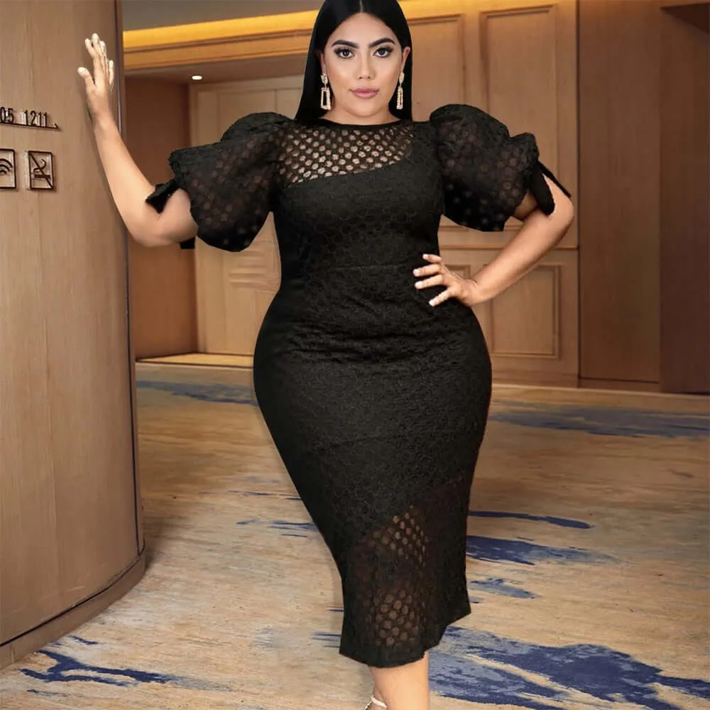 Black Plus Size Dresses- Women Hollow Out Short Lantern Sleeve See Through Bodycon