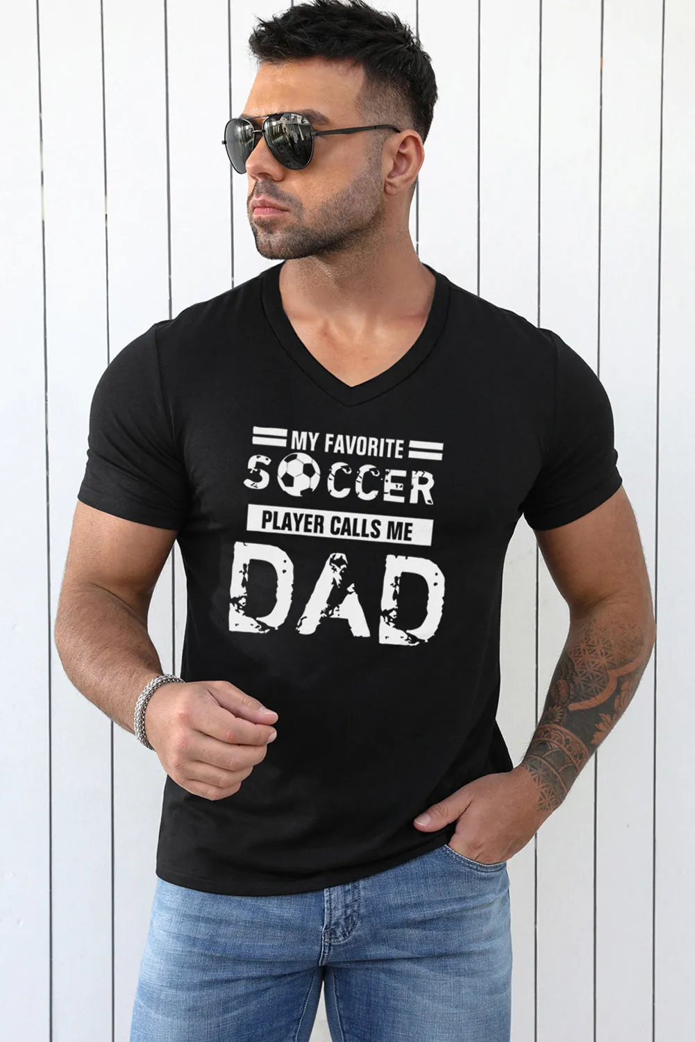 Black SOCCER DAD Letter Graphic Print V Neck T Shirt