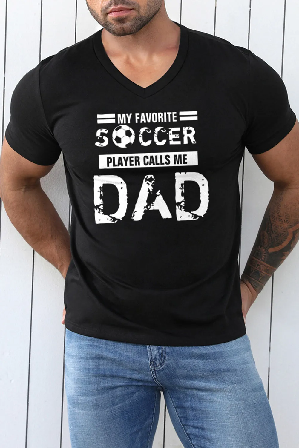 Black SOCCER DAD Letter Graphic Print V Neck T Shirt