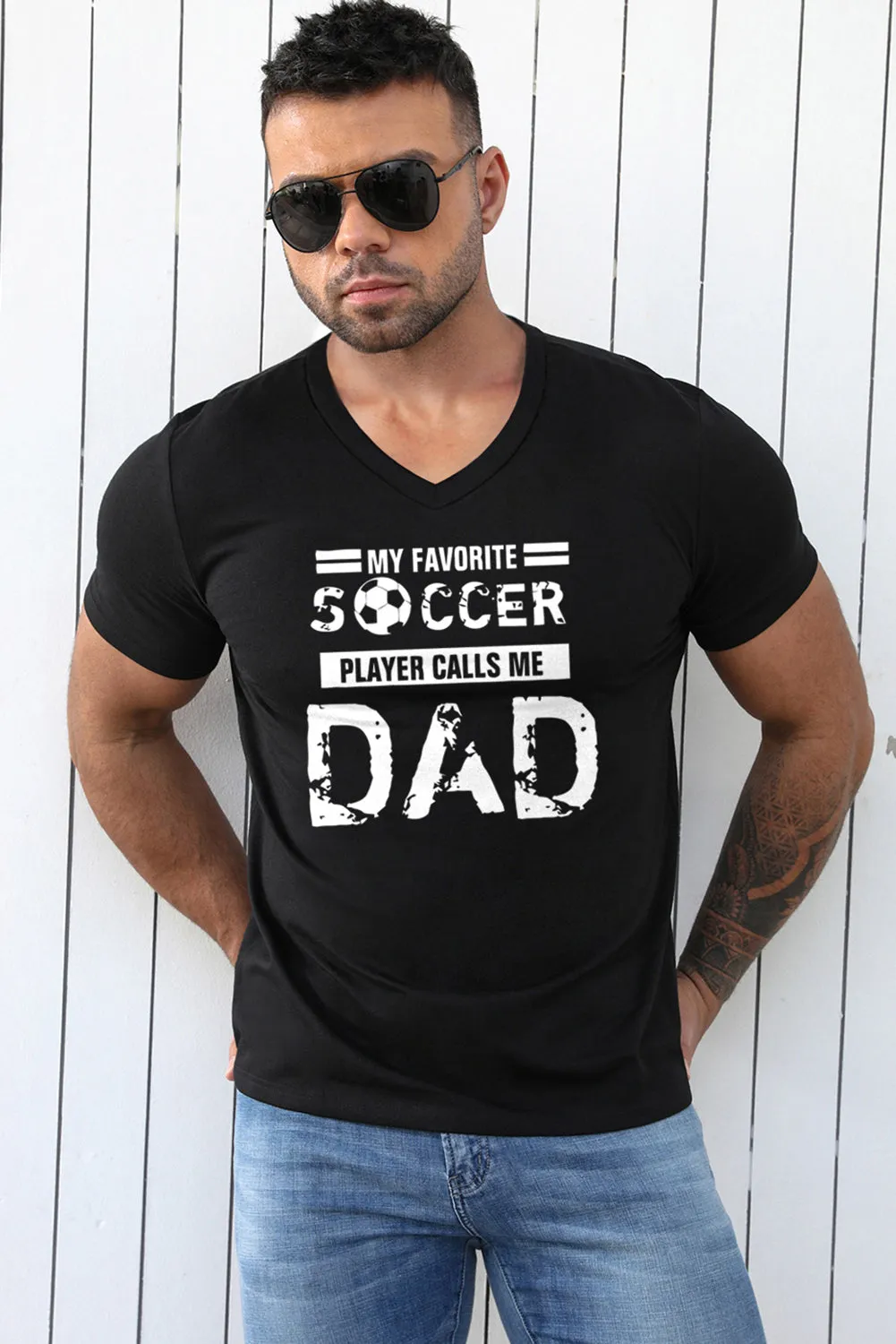 Black SOCCER DAD Letter Graphic Print V Neck T Shirt