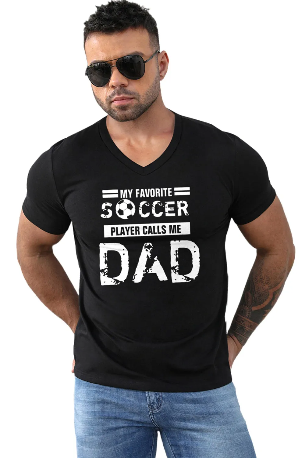 Black SOCCER DAD Letter Graphic Print V Neck T Shirt