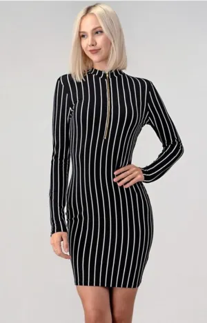 Black/White Stripe Bodycon Zipper Dress