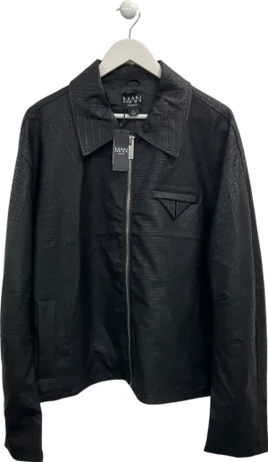 boohooMan Black Boxy Textured Pu Collared Bomber Jacket UK XL