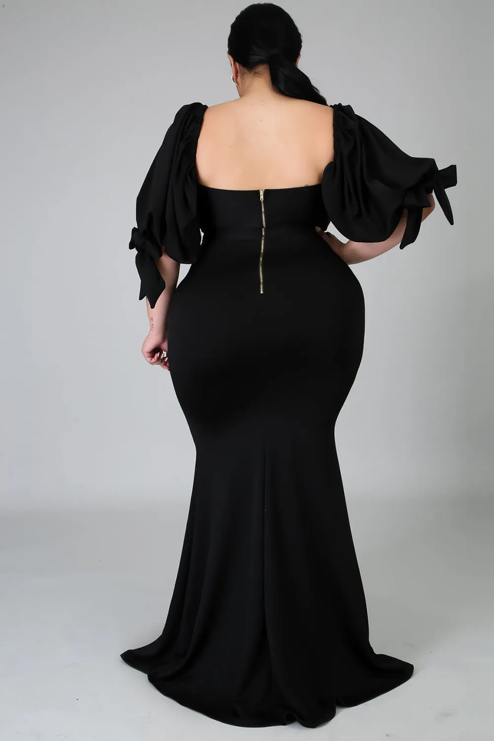 Bow Tie Puff Sleeve Plus Size High Slit Maxi Dress