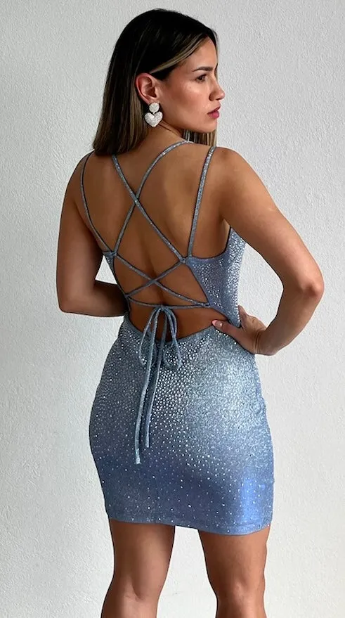 Bring It Rhinestones Light Blue Bodycon Dress