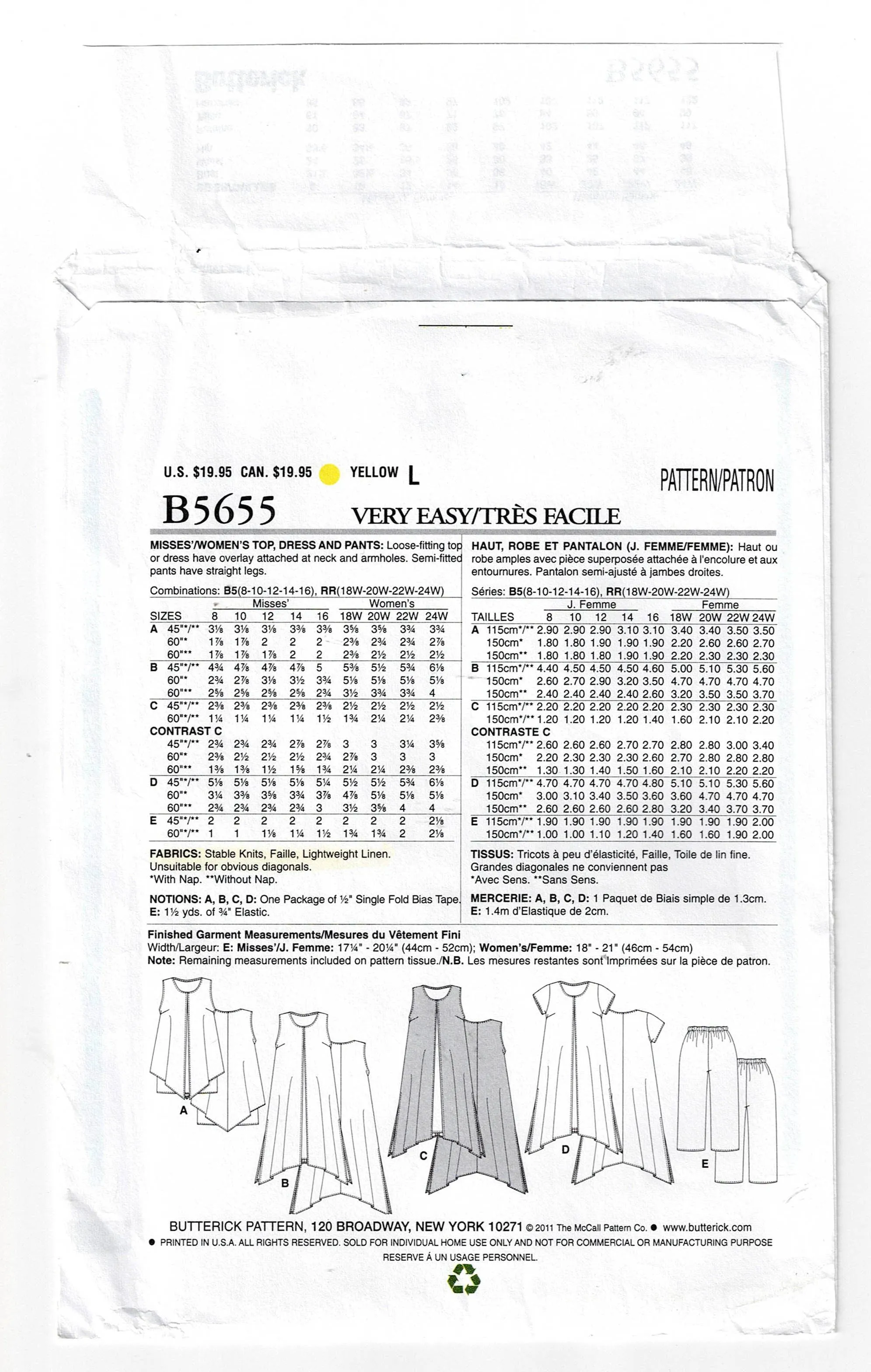 Butterick B5655 Womens EASY Tent Dress Top & Cropped Pants Out Of Print Sewing Pattern Size 18W - 24W UNCUT Factory Folded