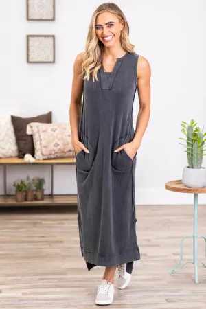 Charcoal Washed Notch Neck Maxi Dress