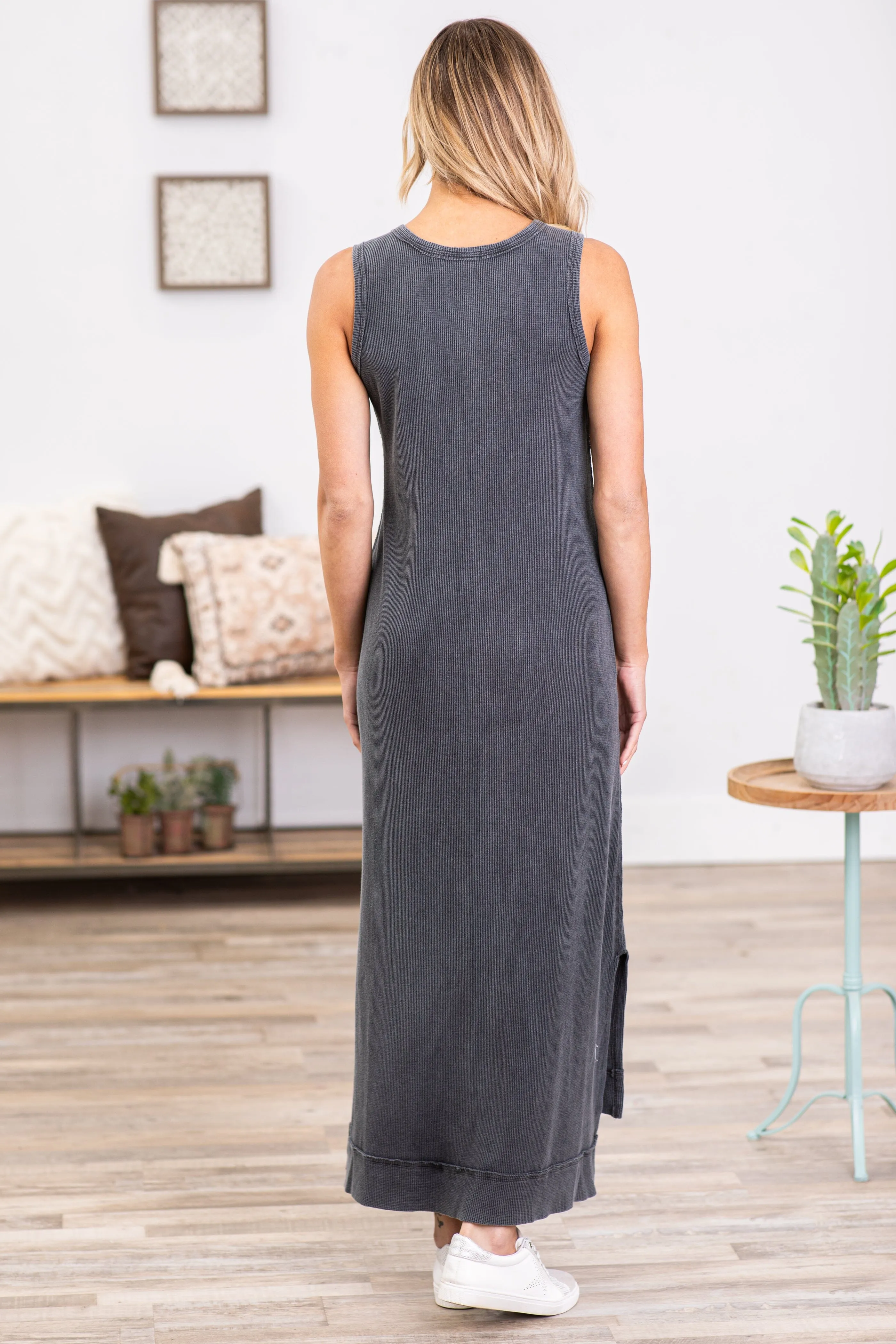 Charcoal Washed Notch Neck Maxi Dress