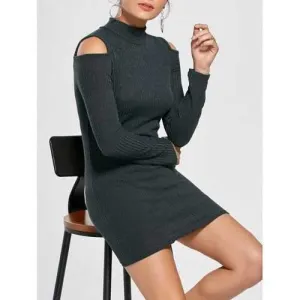 Cold Shoulder Mini Bodycon Sweater Dress - Deep Gray M