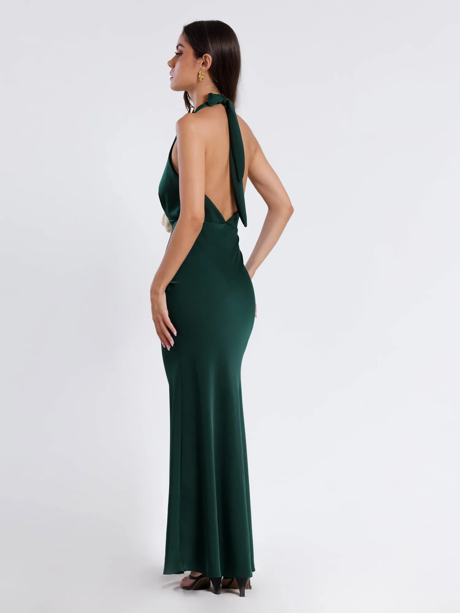 Contrast Flower Detailed V Neck Satin Maxi Dress