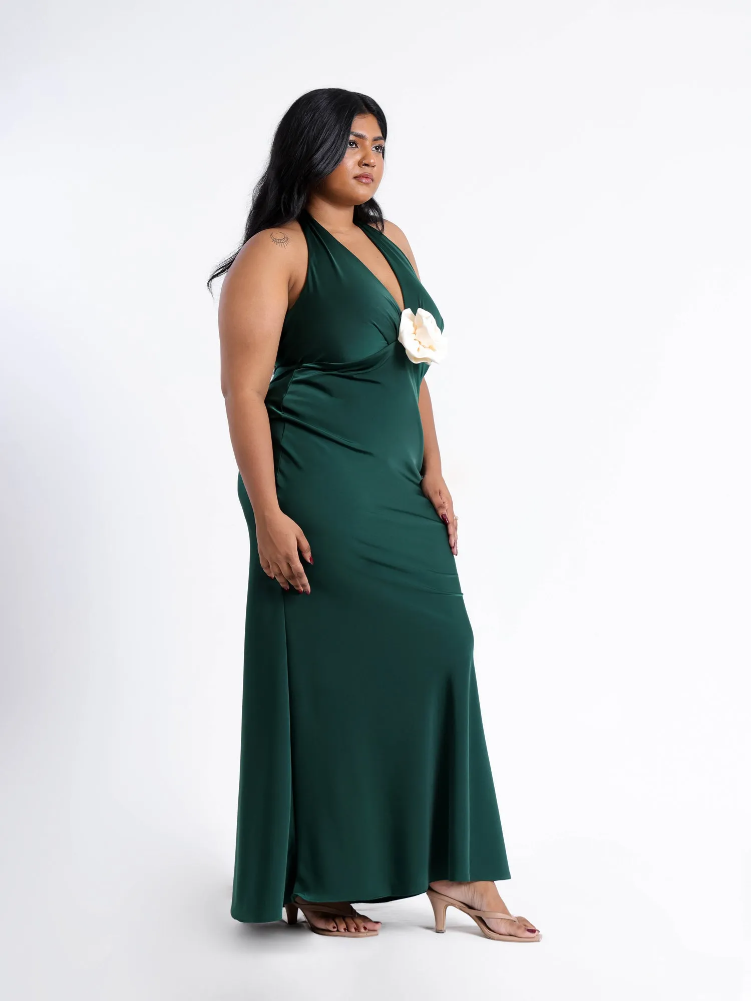 Contrast Flower Detailed V Neck Satin Maxi Dress