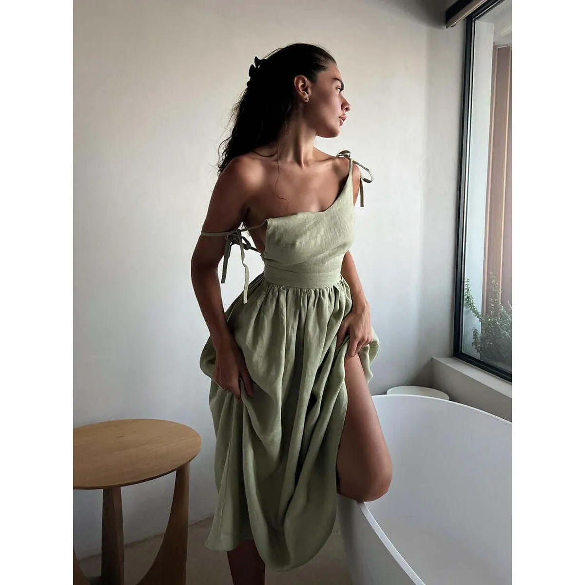 Cotton V-neck Suspender Long Dress
