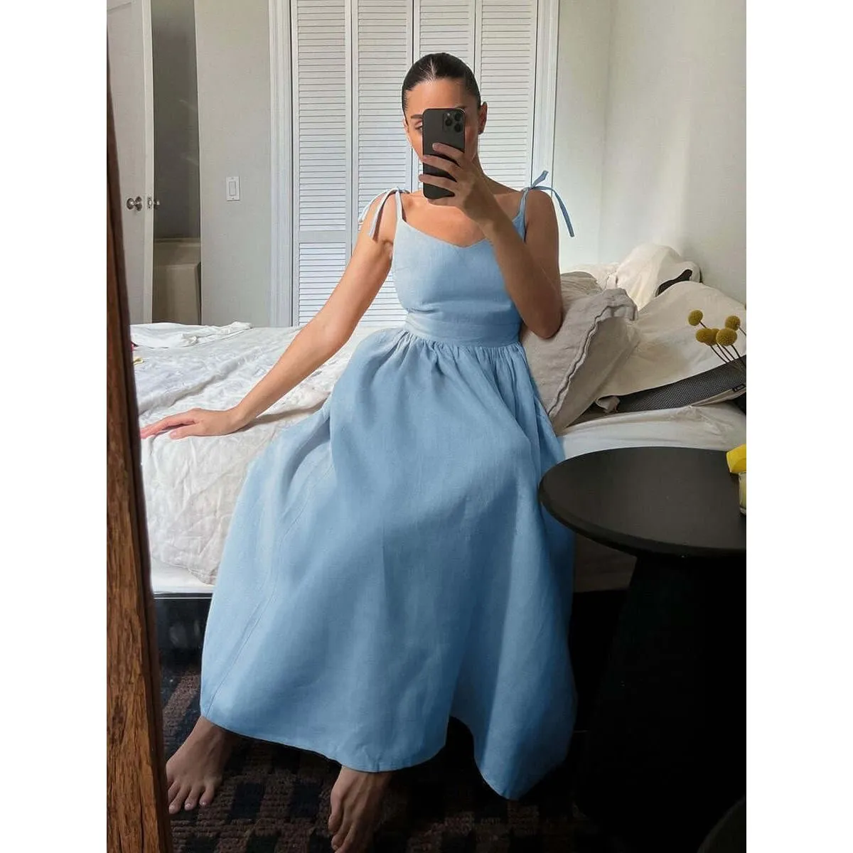Cotton V-neck Suspender Long Dress