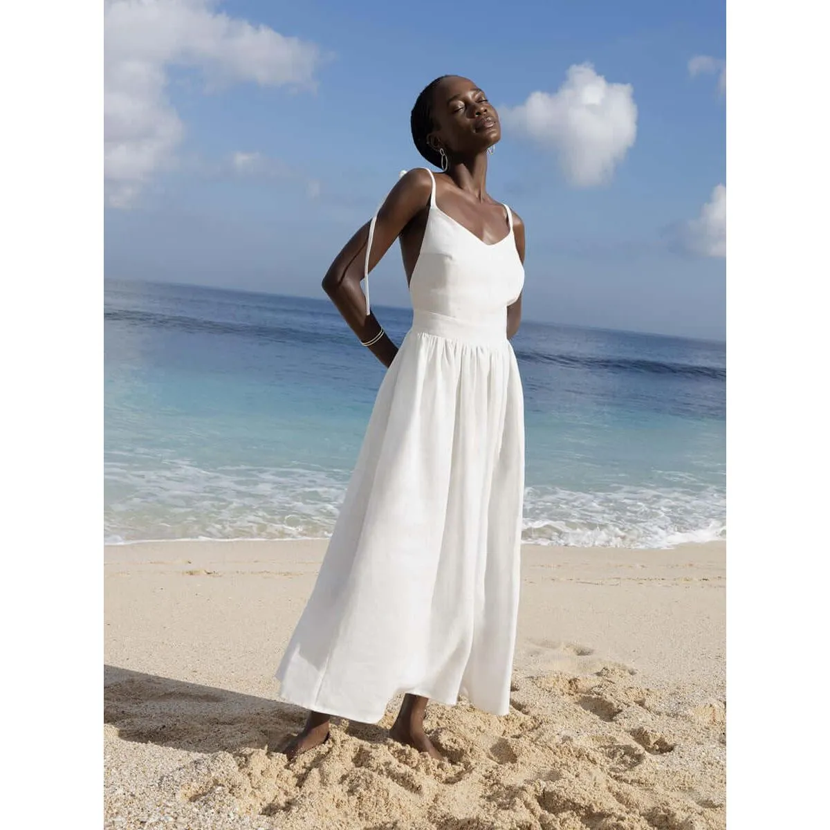 Cotton V-neck Suspender Long Dress