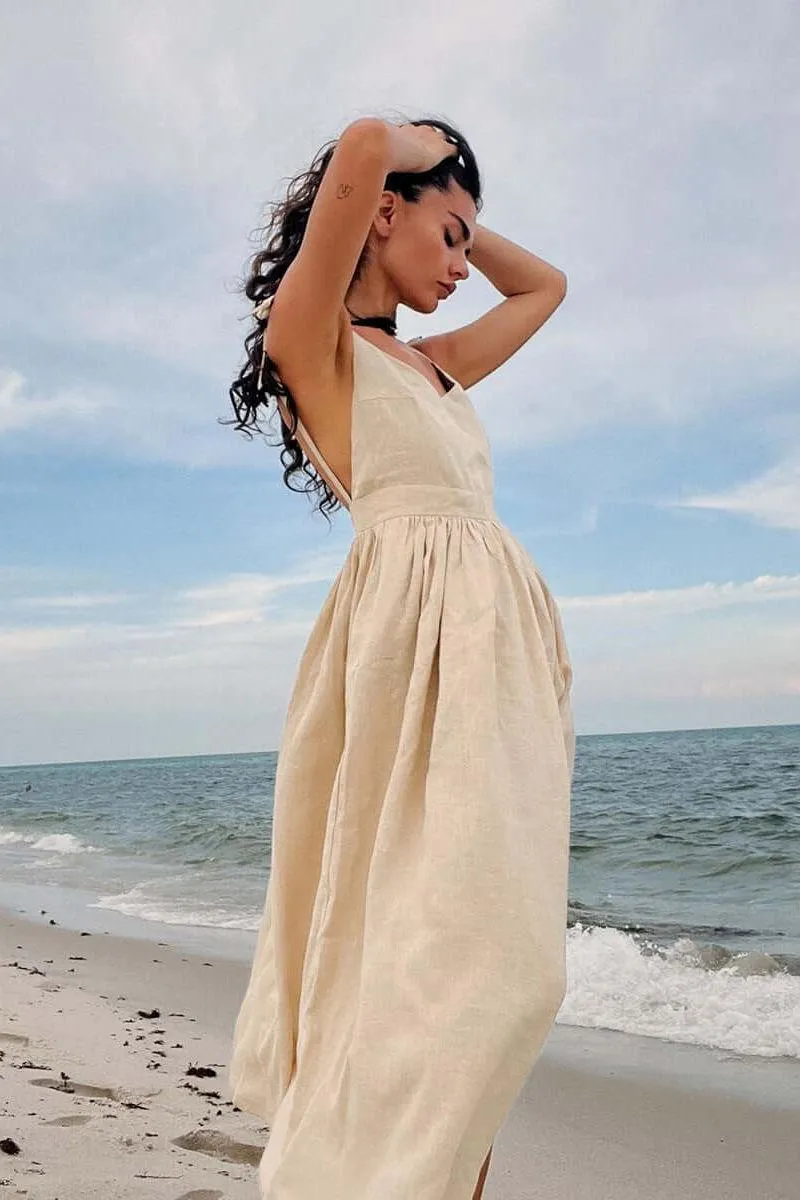Cotton V-neck Suspender Long Dress