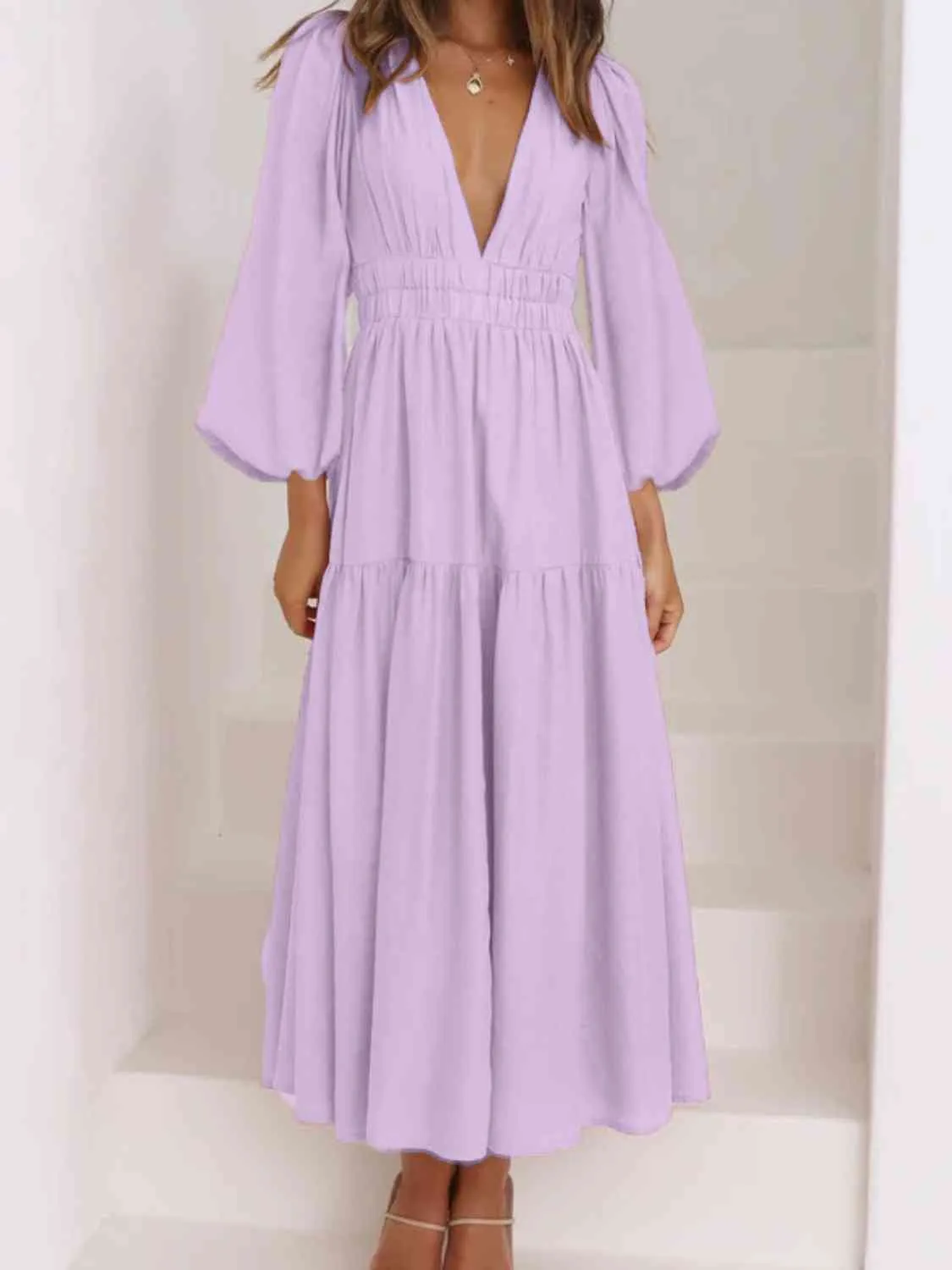 Deep V-Neck Balloon Sleeve Plain Maxi Dress (8 Colors)