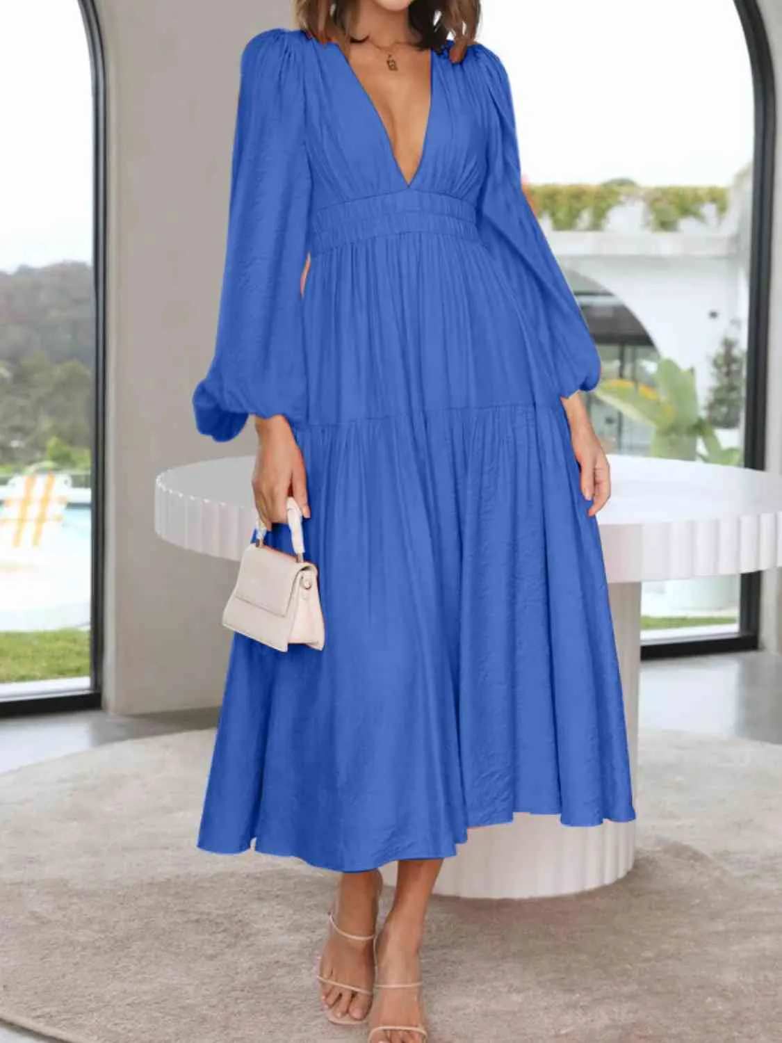 Deep V-Neck Balloon Sleeve Plain Maxi Dress (8 Colors)
