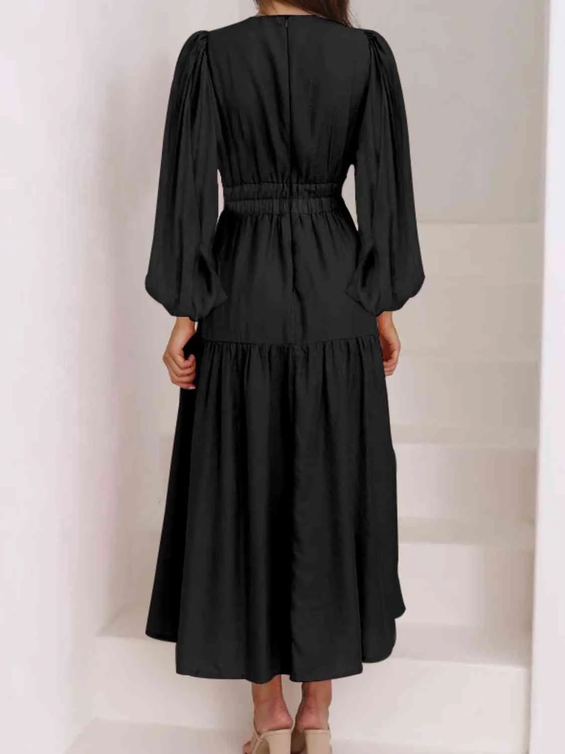 Deep V-Neck Balloon Sleeve Plain Maxi Dress (8 Colors)