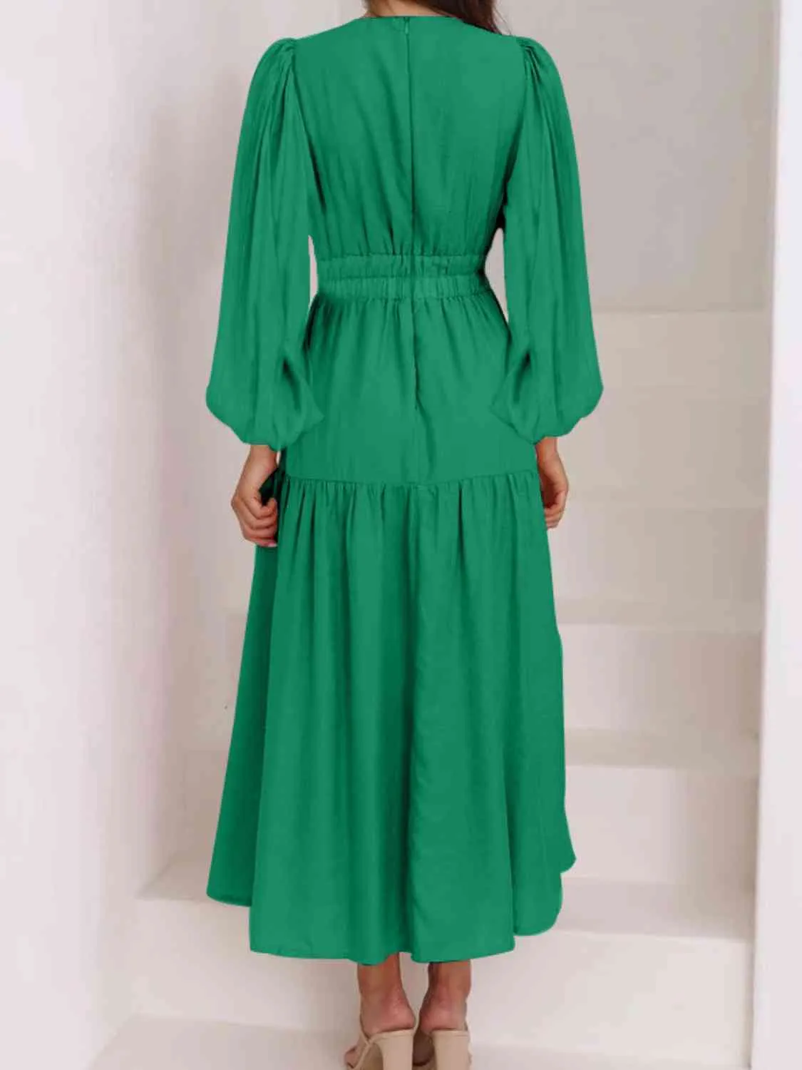 Deep V-Neck Balloon Sleeve Plain Maxi Dress (8 Colors)