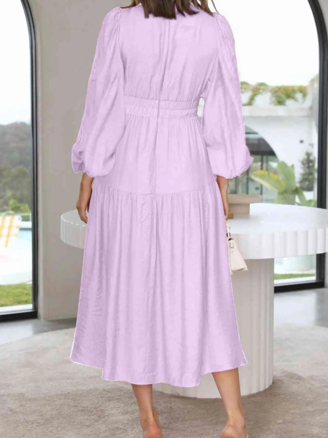 Deep V-Neck Balloon Sleeve Plain Maxi Dress (8 Colors)