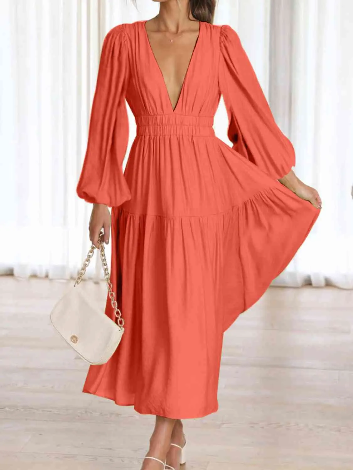 Deep V-Neck Balloon Sleeve Plain Maxi Dress (8 Colors)