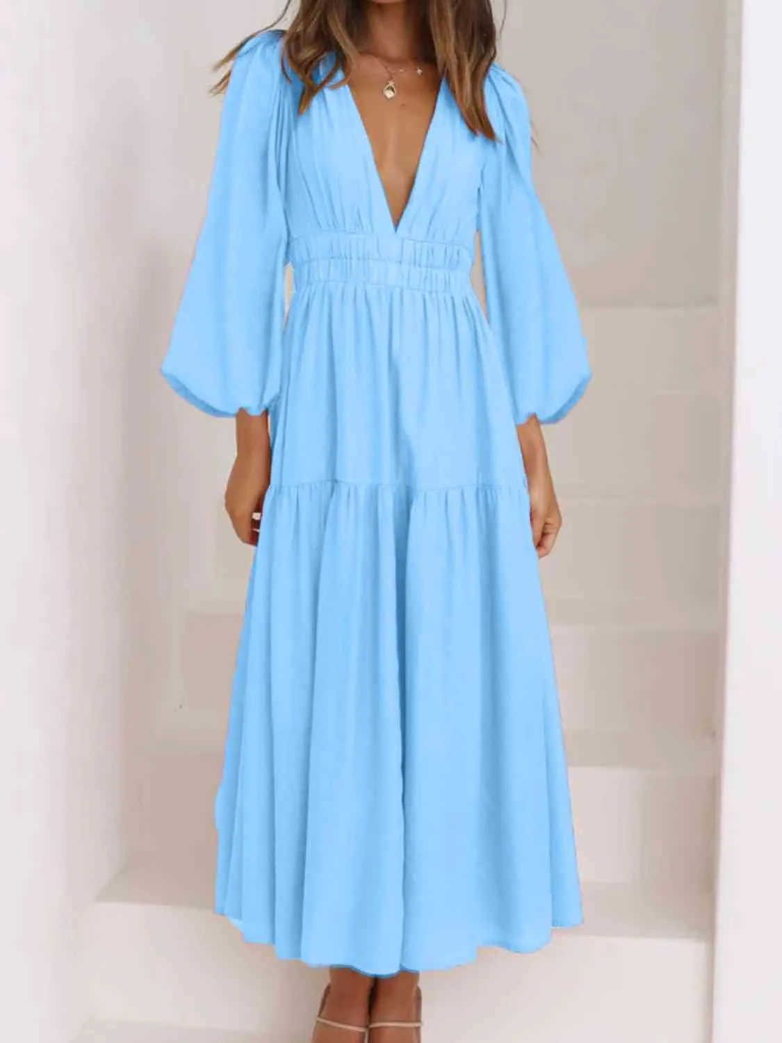 Deep V-Neck Balloon Sleeve Plain Maxi Dress (8 Colors)