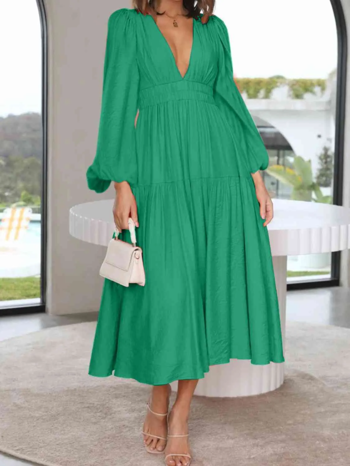 Deep V-Neck Balloon Sleeve Plain Maxi Dress (8 Colors)