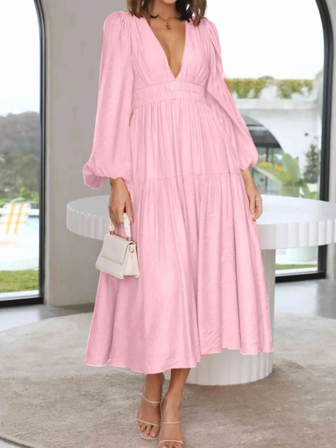 Deep V-Neck Balloon Sleeve Plain Maxi Dress (8 Colors)