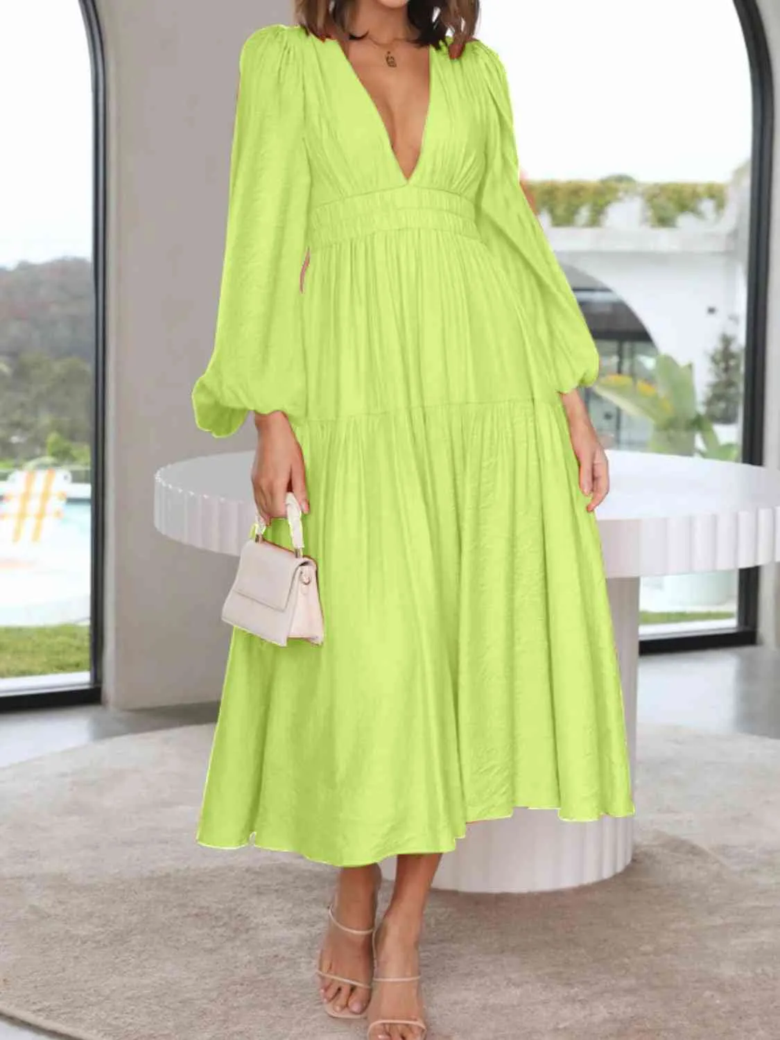 Deep V-Neck Balloon Sleeve Plain Maxi Dress (8 Colors)