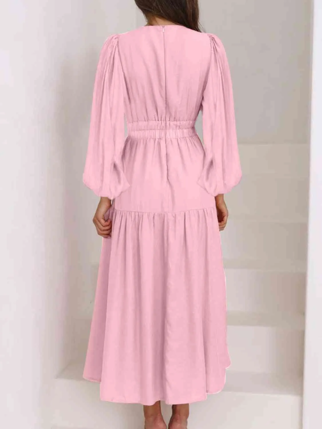 Deep V-Neck Balloon Sleeve Plain Maxi Dress (8 Colors)