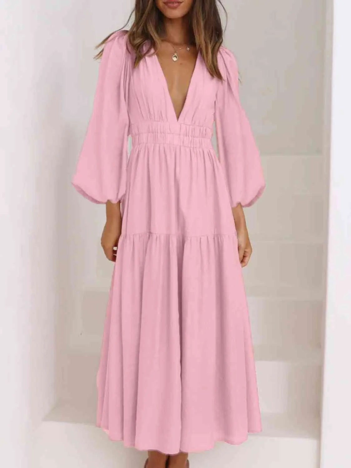 Deep V-Neck Balloon Sleeve Plain Maxi Dress (8 Colors)