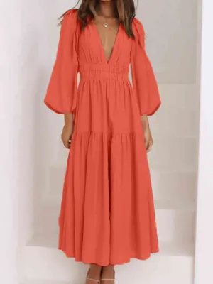 Deep V-Neck Balloon Sleeve Plain Maxi Dress (8 Colors)