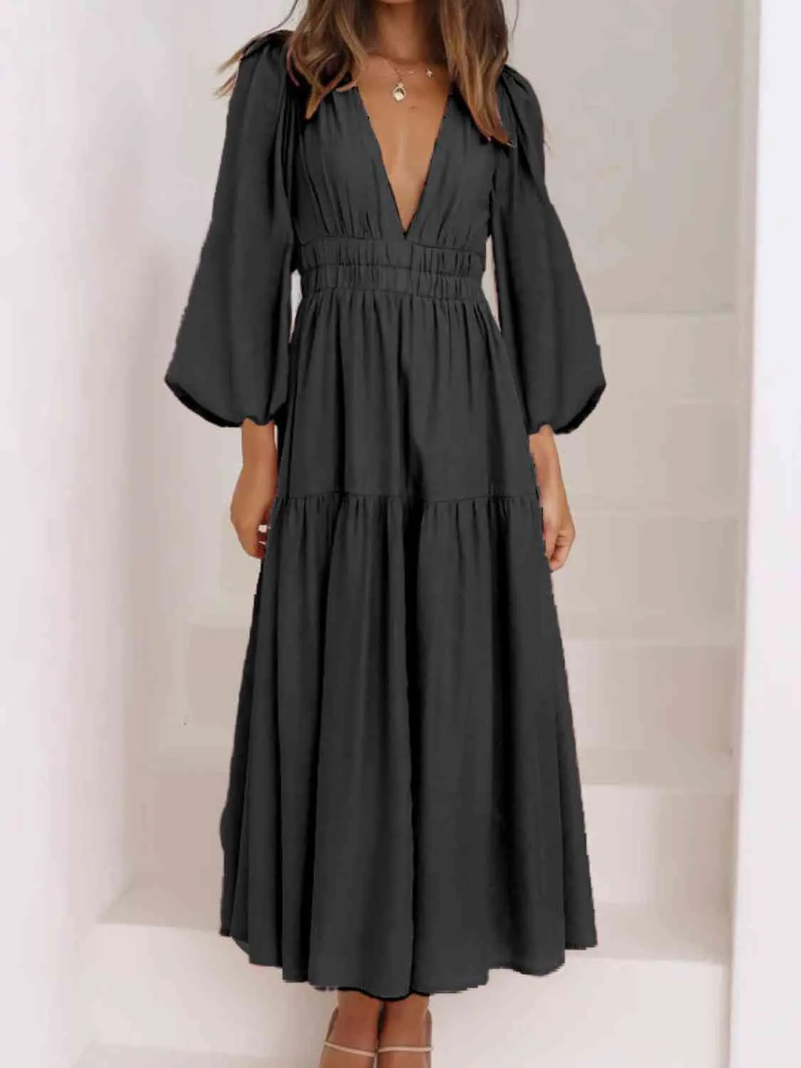 Deep V-Neck Balloon Sleeve Plain Maxi Dress (8 Colors)