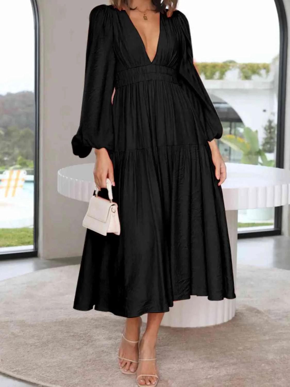 Deep V-Neck Balloon Sleeve Plain Maxi Dress (8 Colors)