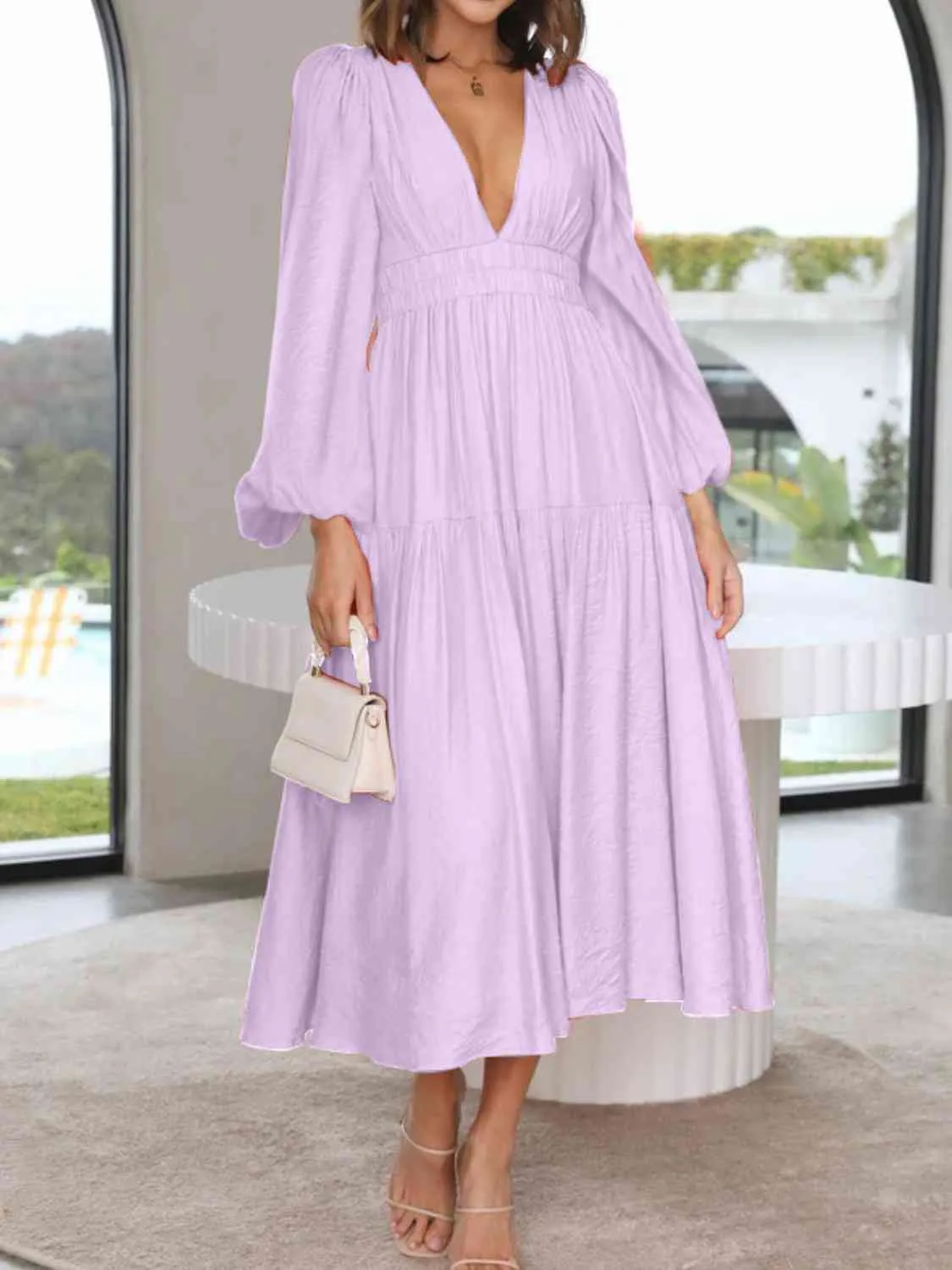 Deep V-Neck Balloon Sleeve Plain Maxi Dress (8 Colors)