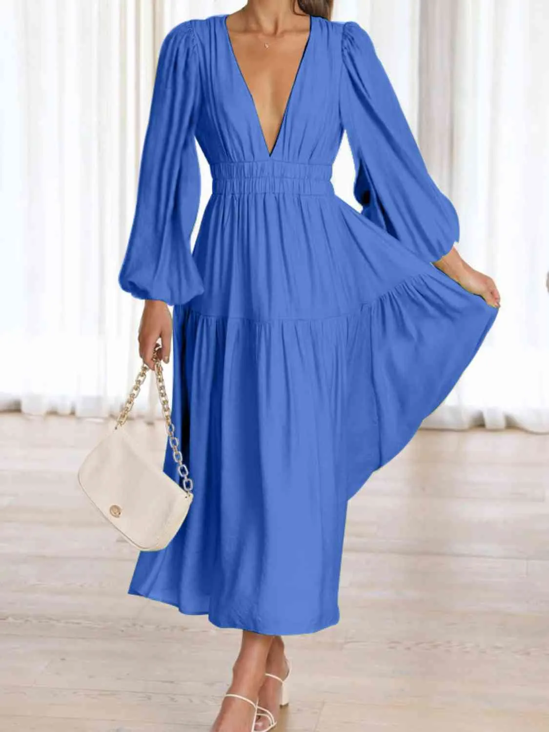 Deep V-Neck Balloon Sleeve Plain Maxi Dress (8 Colors)