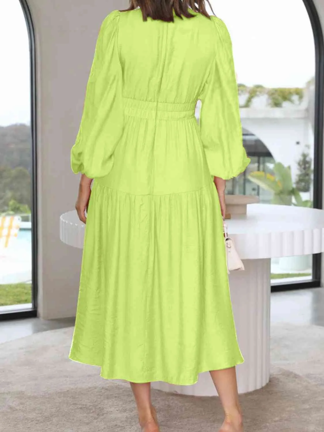 Deep V-Neck Balloon Sleeve Plain Maxi Dress (8 Colors)